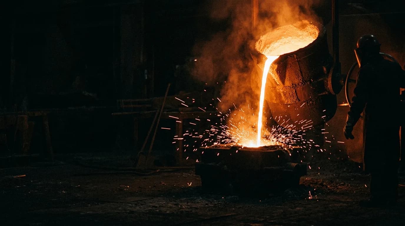 Molten metal poured from a crucible in a dark foundry, sparks rising from the cast